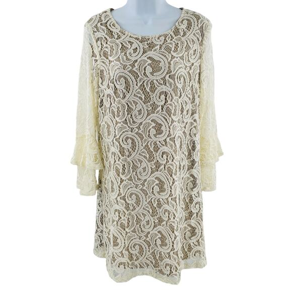 Tacera Cream Lace Overlay Sheer Bell Sleeve Cocktail Party Shift Dress S - Picture 3 of 14